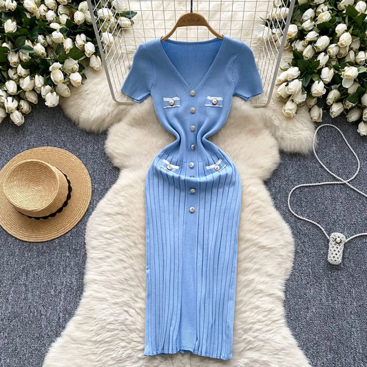Knitted Dress Women V-neck Short Sleeve Bodycon
