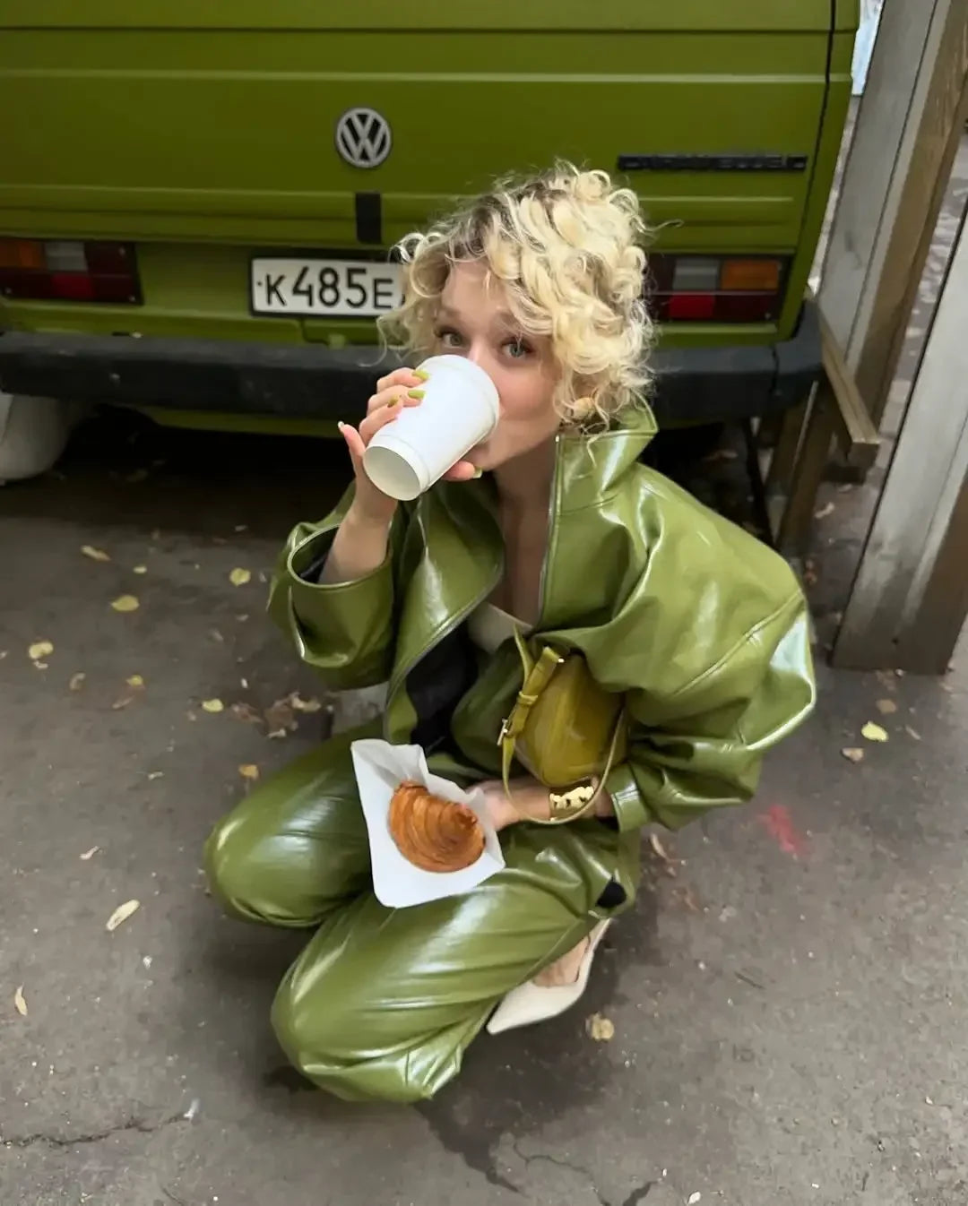 Olive Green Solid Leather Jacket