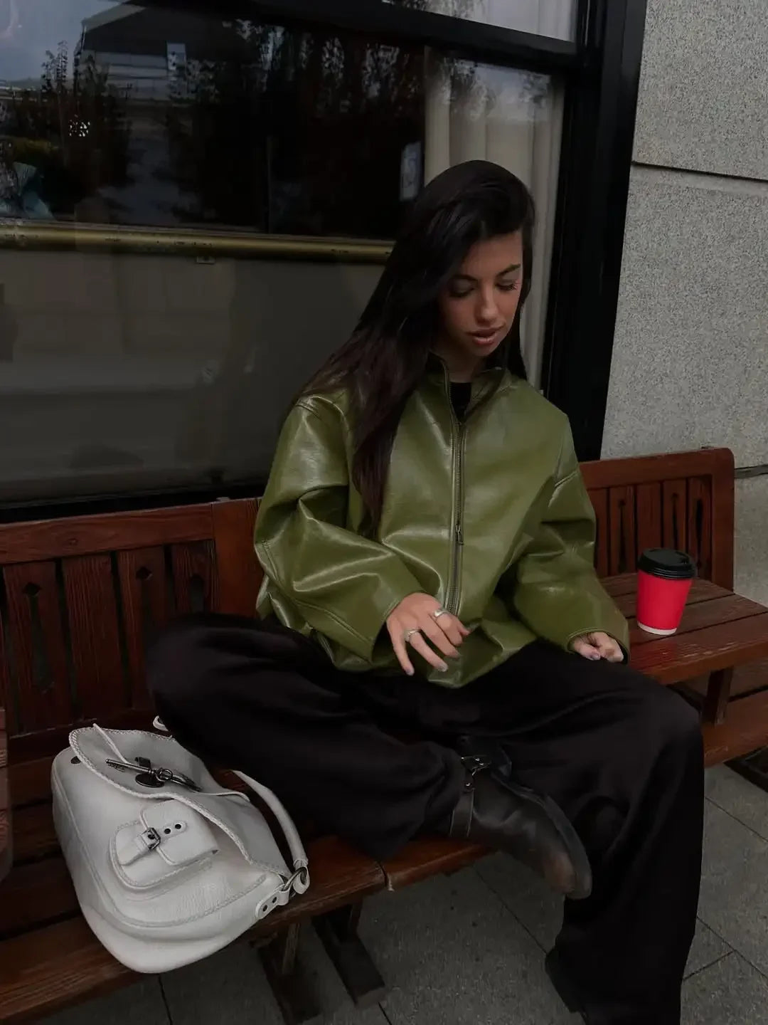 Olive Green Solid Leather Jacket