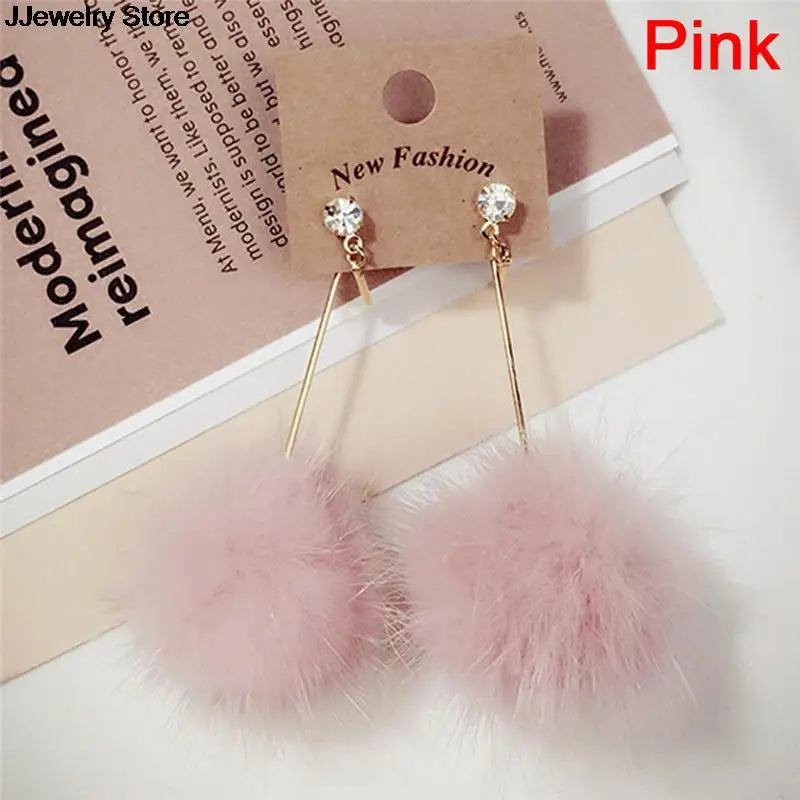 1Pair Soft Fur Ball PomPom Long Drop Earrings