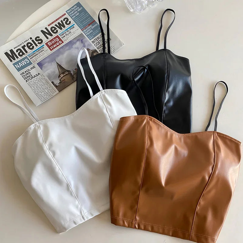 Women PU leather camis underwear padded bra