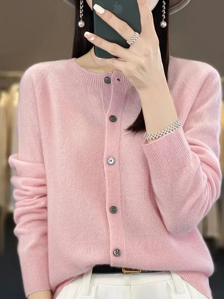 Cardigan Sweater O-Neck Button 100% Merino Wool