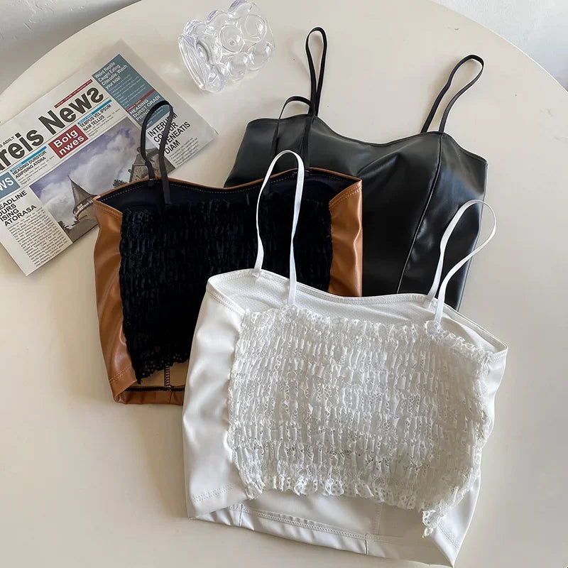 Women PU leather camis underwear padded bra