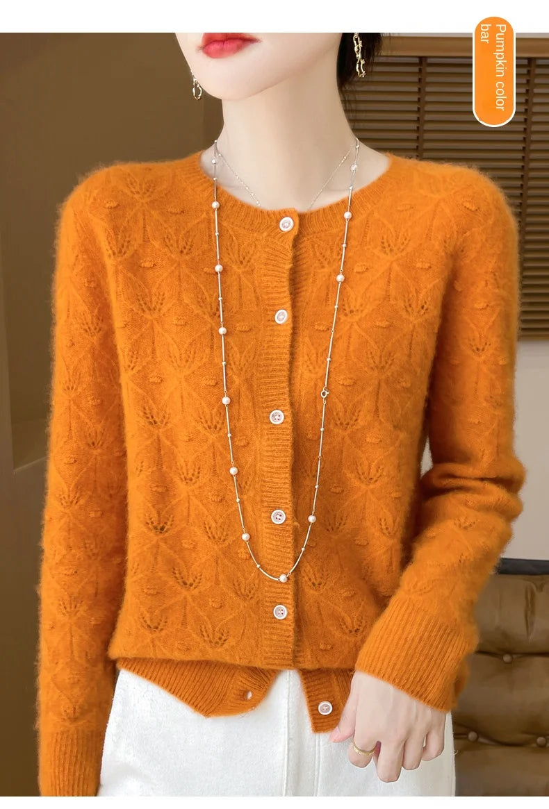 Round Neck Hollowed Out 100 Wool Knitted Cardigan