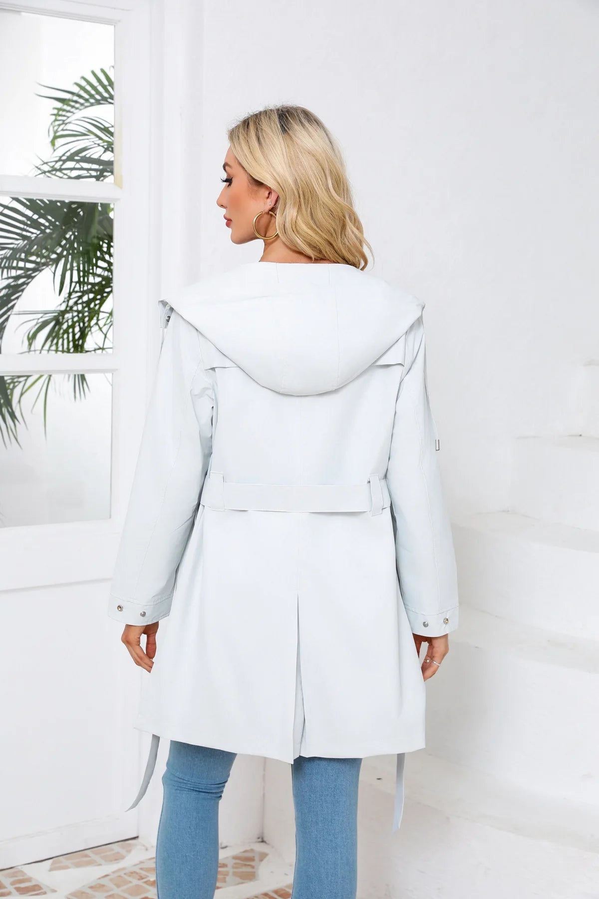 Hooded Water-repellent Jacket with Belt Thin Casual Loose Trench Coat