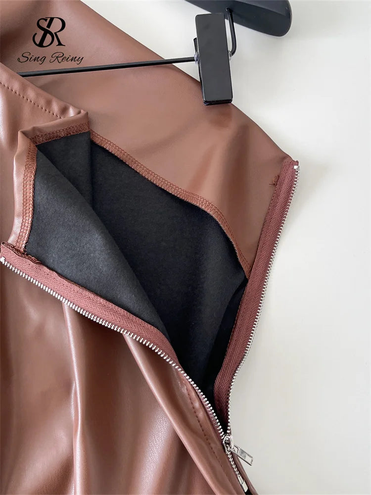 SINGREINY One Shoulder PU Leather Tank