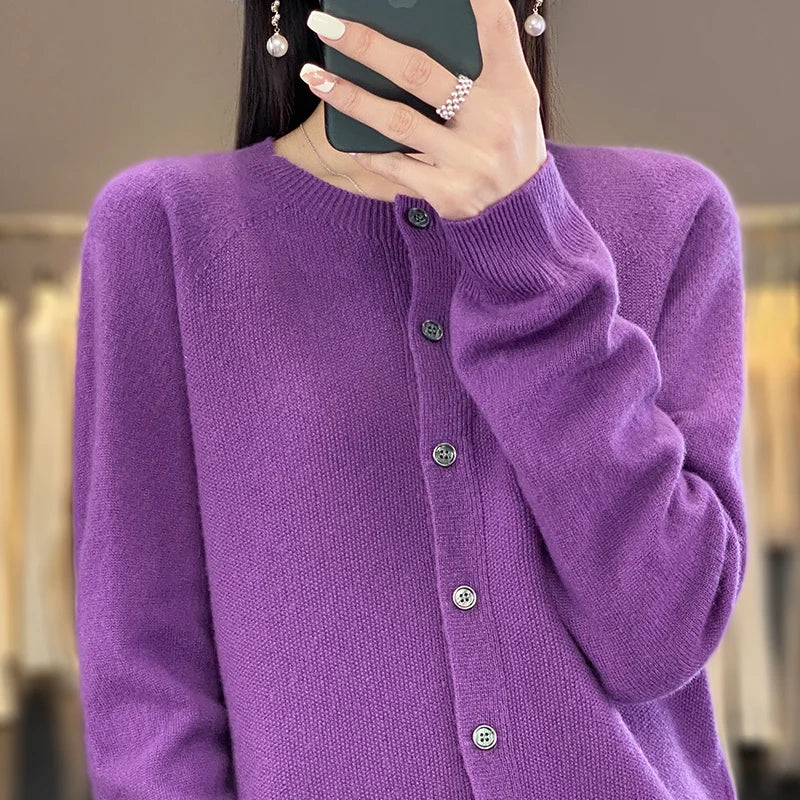 Cardigan Sweater O-Neck Button 100% Merino Wool
