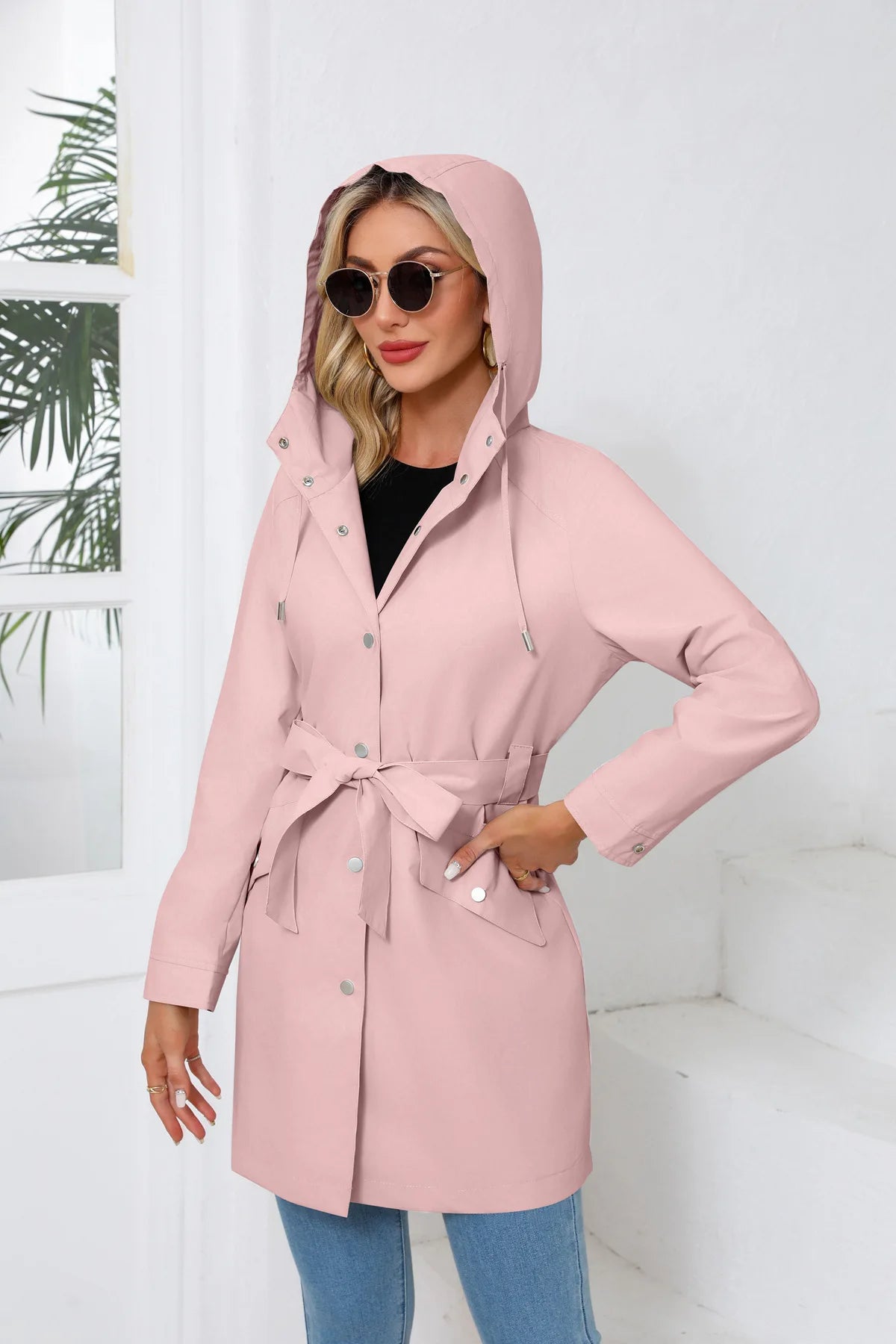 Hooded Water-repellent Jacket with Belt Thin Casual Loose Trench Coat