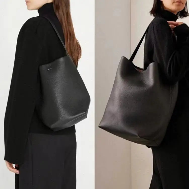 Soft Leather Bucket Bag Large Capacity Commuter Women's Single Shoulder Handbag Neutral Minimalist Style Open Pocket Design