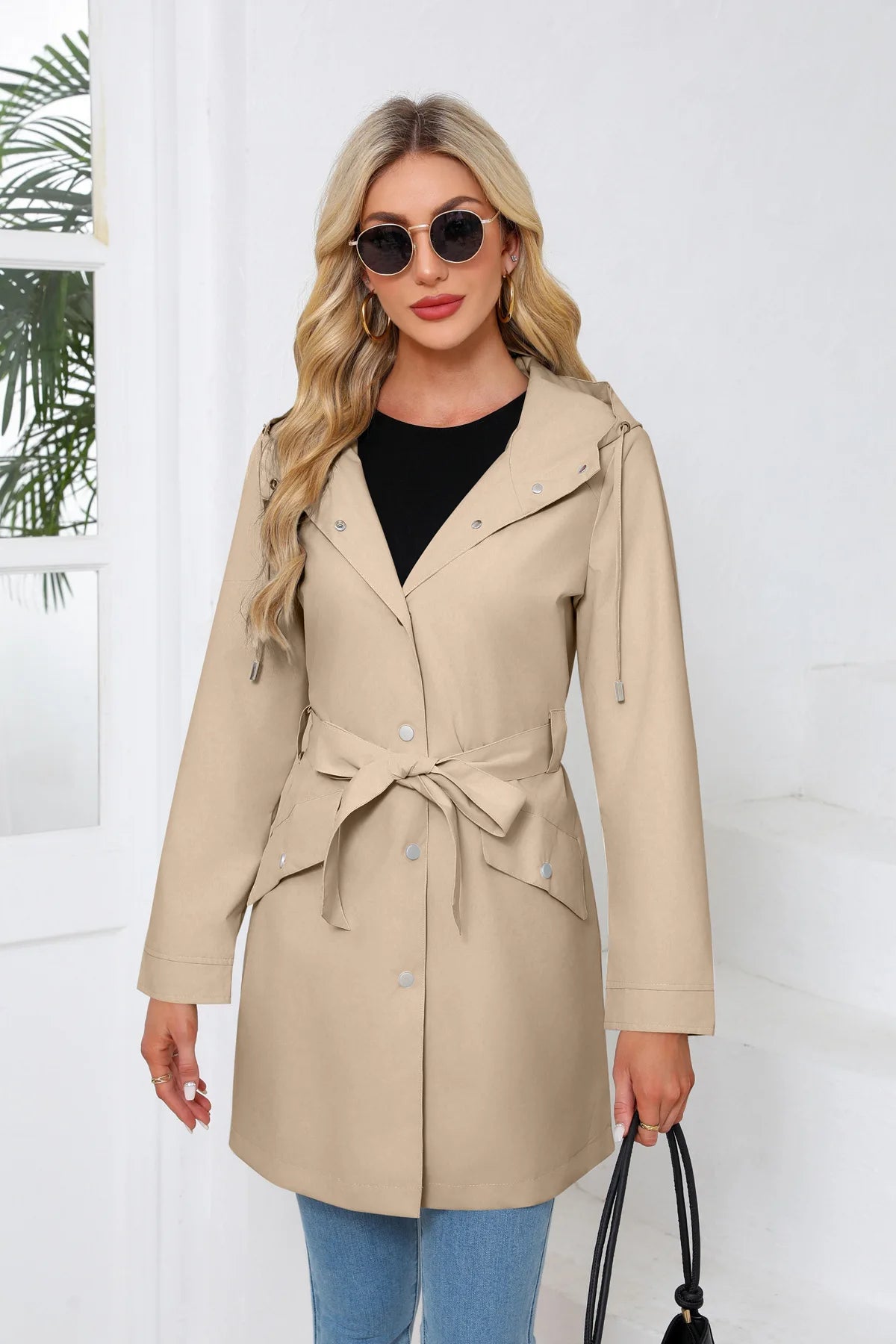 Hooded Water-repellent Jacket with Belt Thin Casual Loose Trench Coat