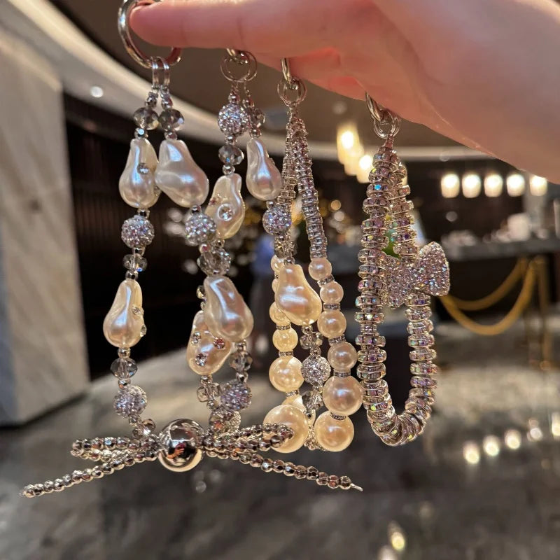 Luxury Pearl Crystal Bead Key Chains Charm Rhinestone Lanyard