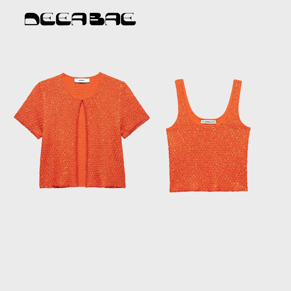 Simple Bead Decoration Round Neck Short Sleeve Knitted Top