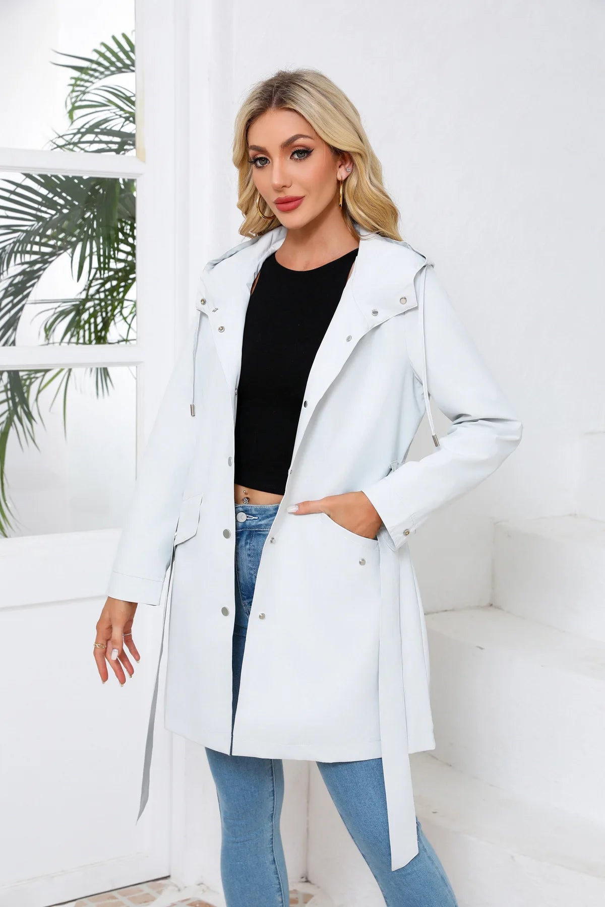 Hooded Water-repellent Jacket with Belt Thin Casual Loose Trench Coat