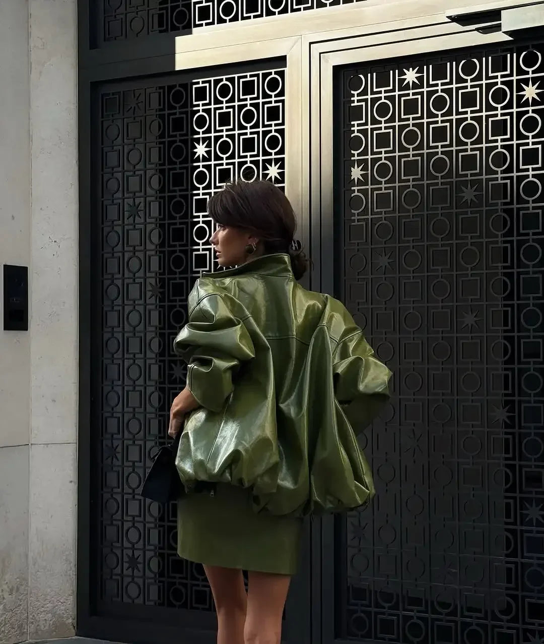Olive Green Solid Leather Jacket