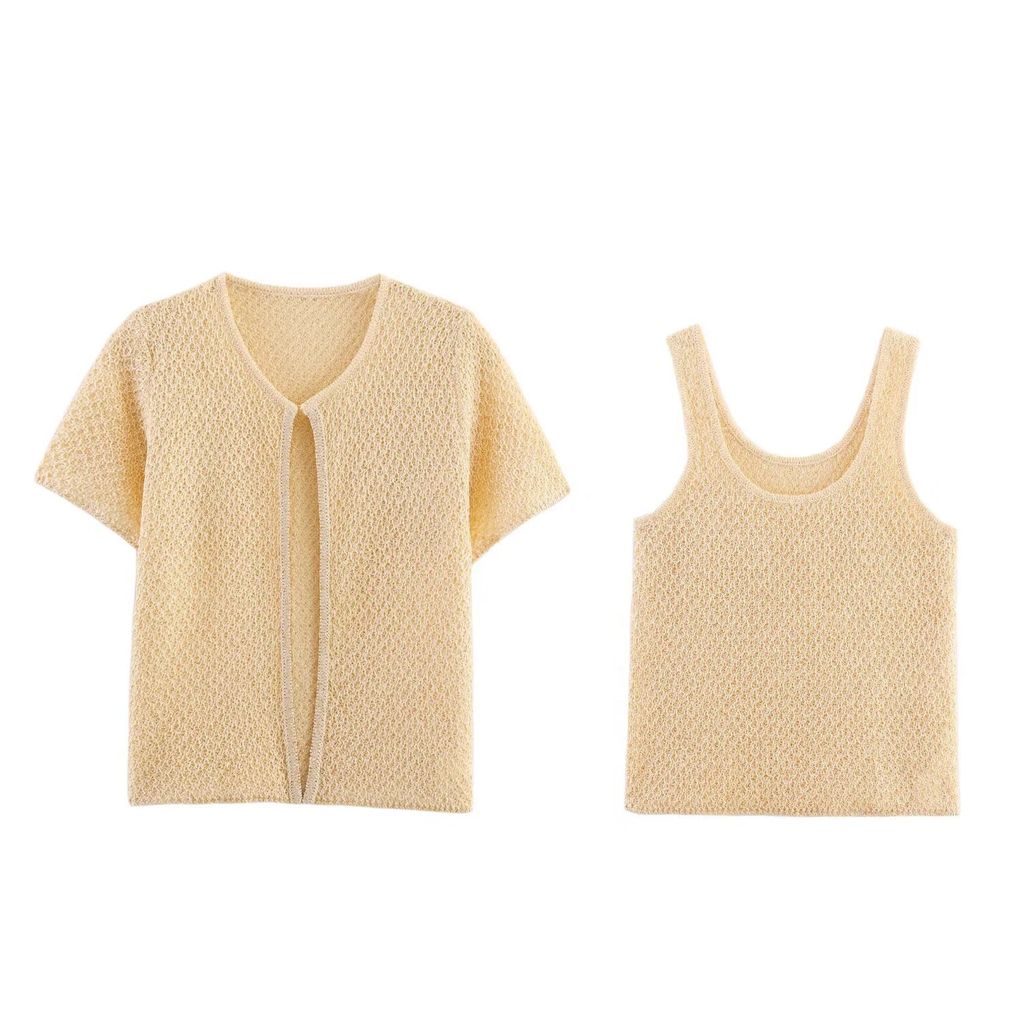 Simple Bead Decoration Round Neck Short Sleeve Knitted Top