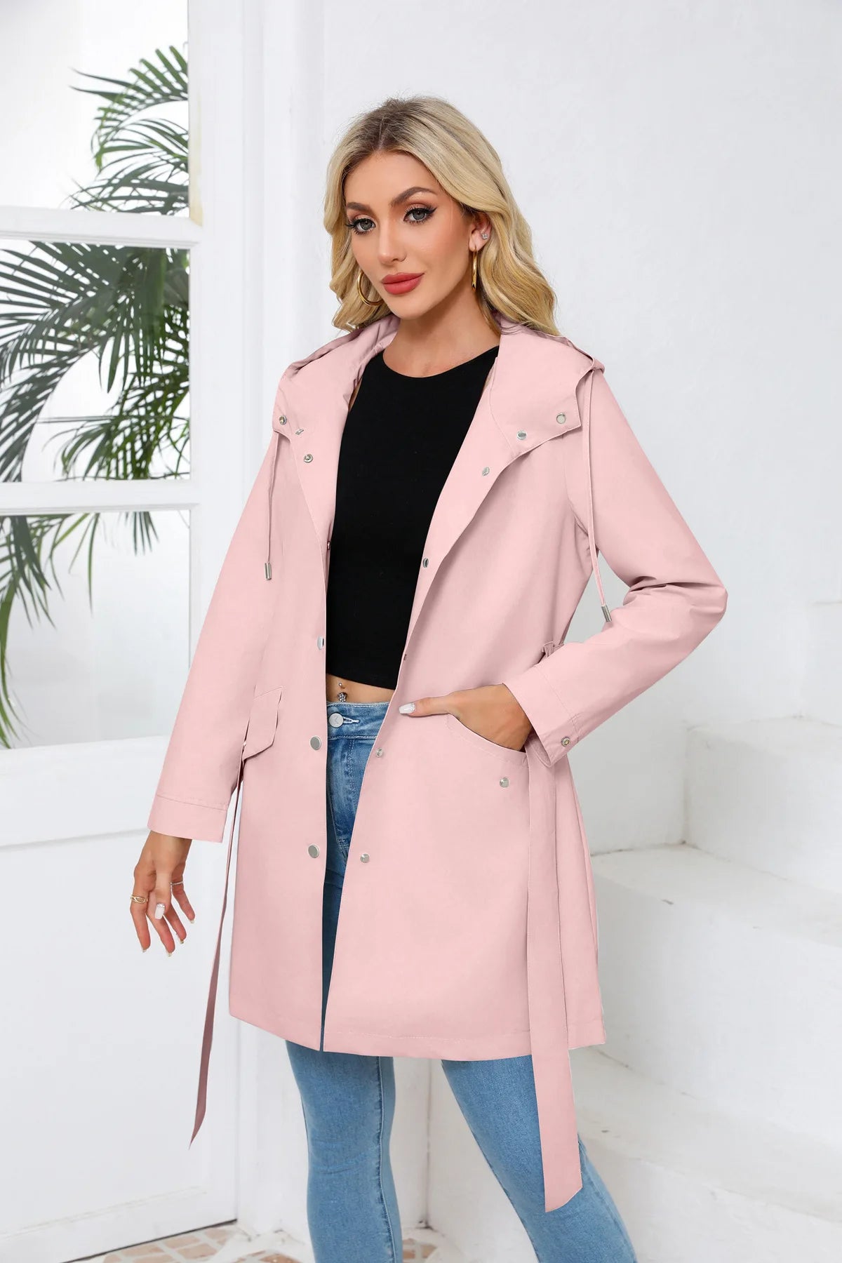 Hooded Water-repellent Jacket with Belt Thin Casual Loose Trench Coat