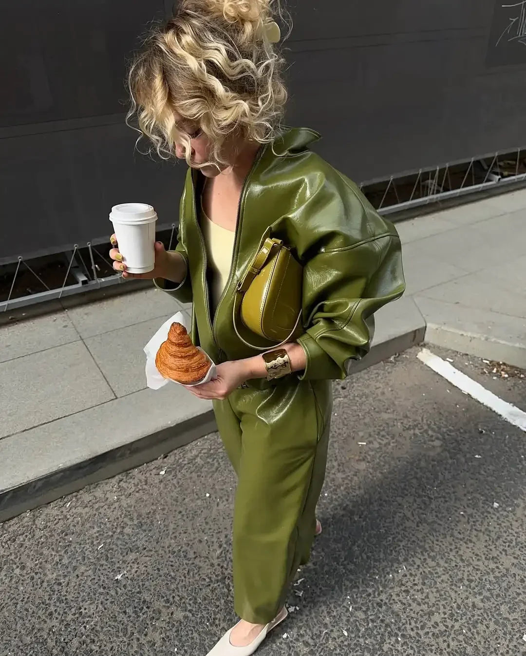 Olive Green Solid Leather Jacket