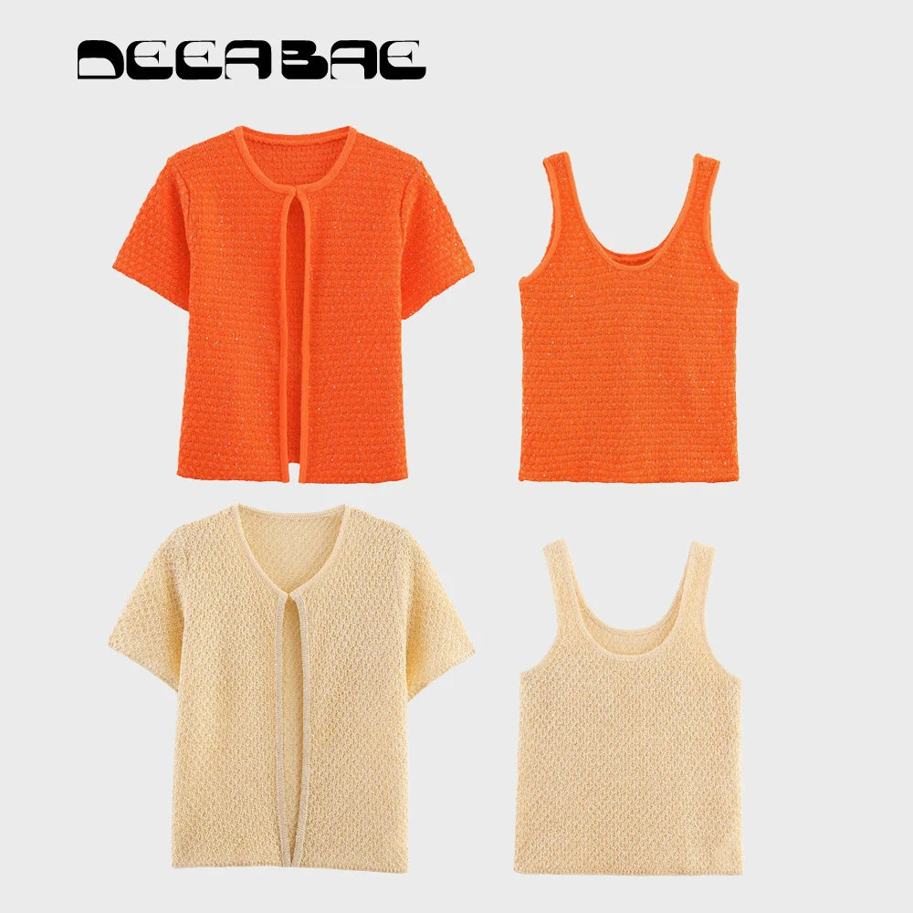 Simple Bead Decoration Round Neck Short Sleeve Knitted Top