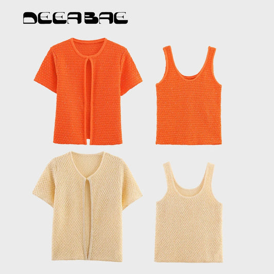 Simple Bead Decoration Round Neck Short Sleeve Knitted Top
