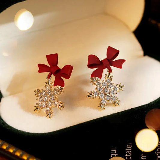 2024 New Red Bow Knot Snowflakes Drop Earring
