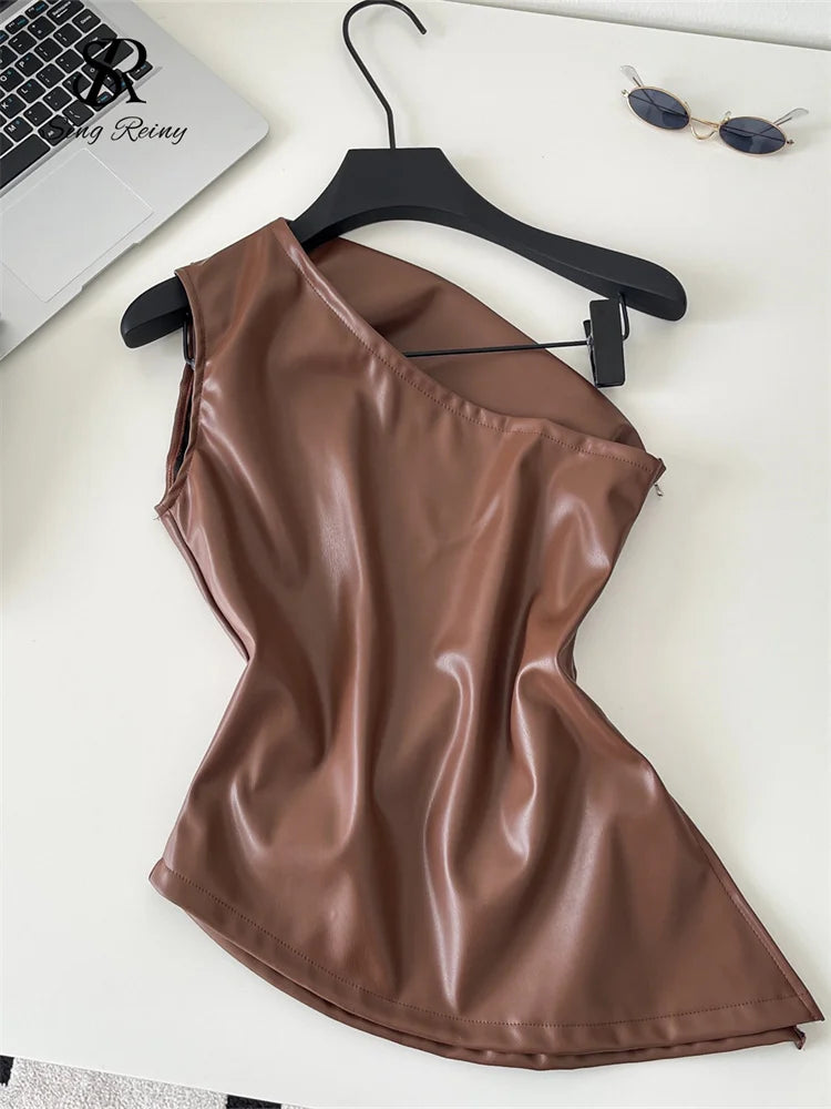 SINGREINY One Shoulder PU Leather Tank
