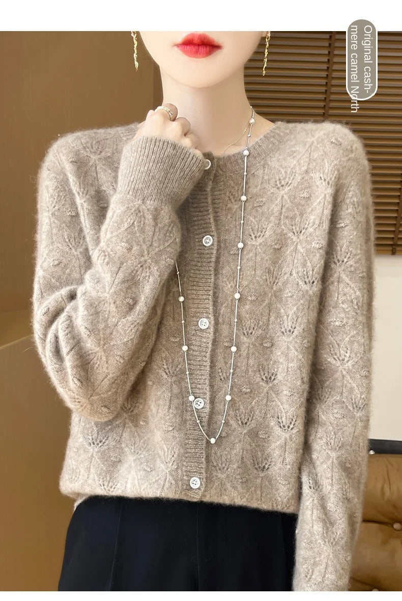 Round Neck Hollowed Out 100 Wool Knitted Cardigan