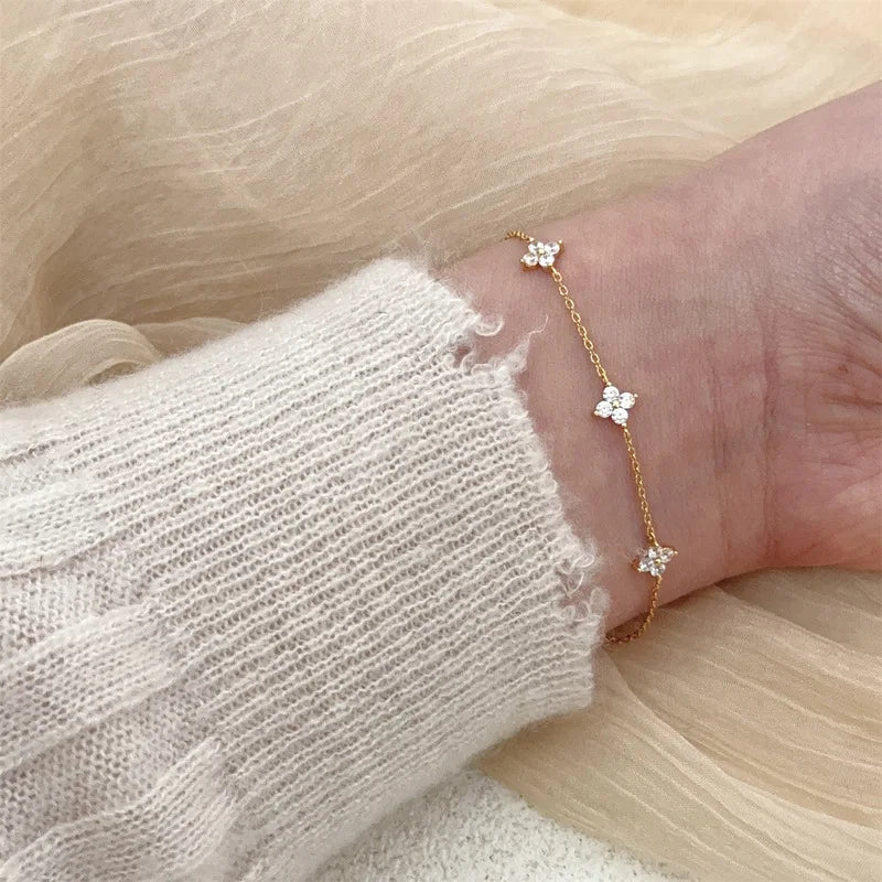 925 Silver Plated Cz Four-leaf Flower Bracelet