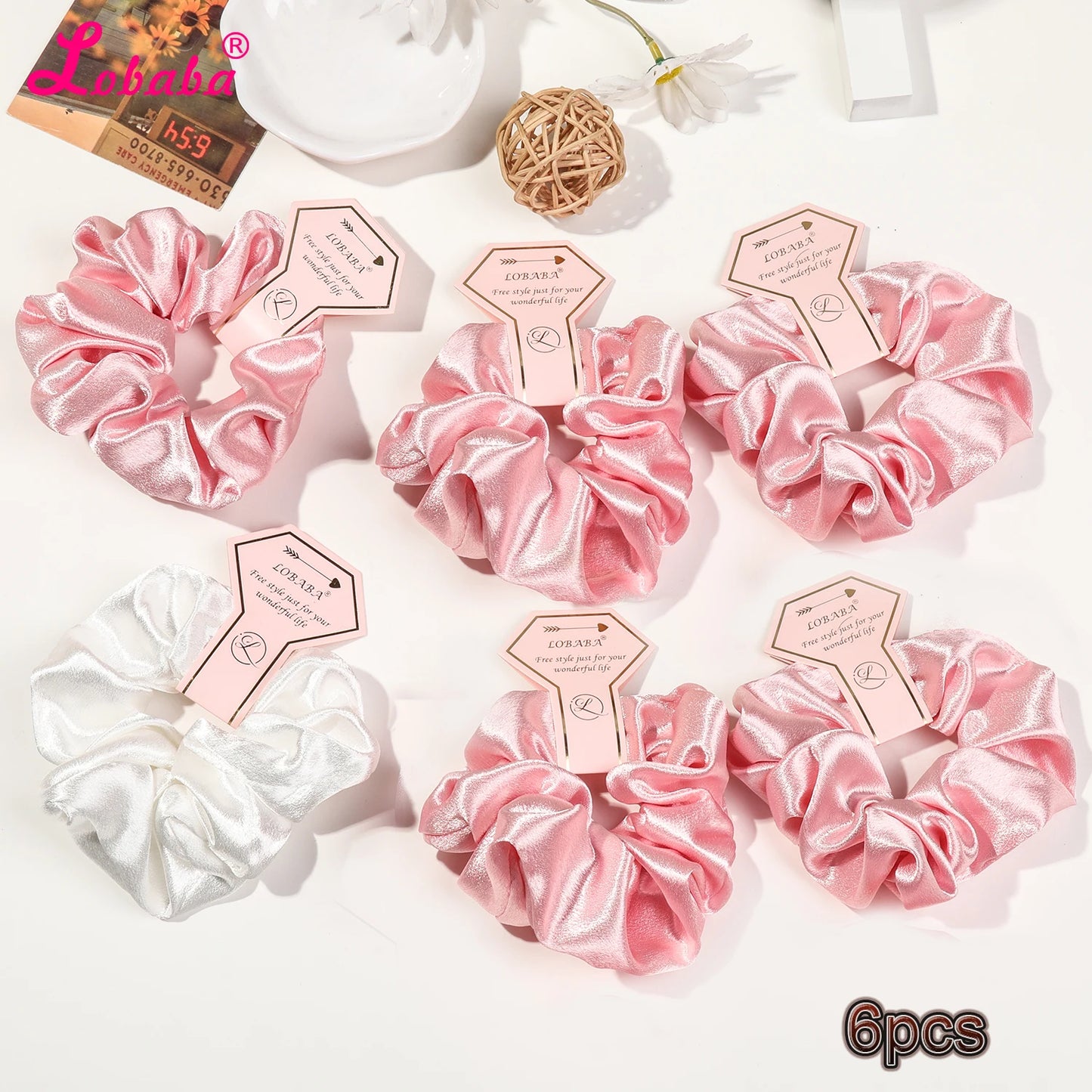 6 Pcs Pink Satin Bridesmaid Scrunchies Bachelorette Hair Ties