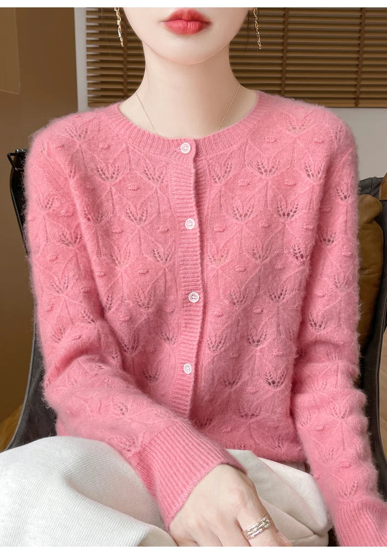 Round Neck Hollowed Out 100 Wool Knitted Cardigan