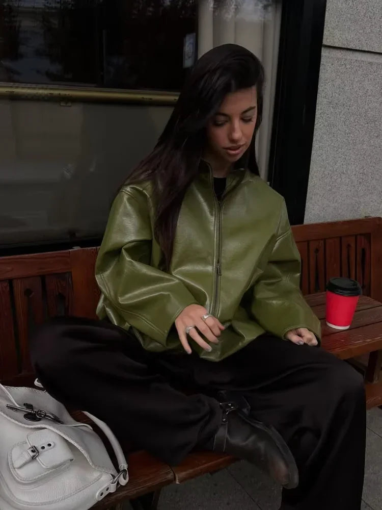 Olive Green Solid Leather Jacket