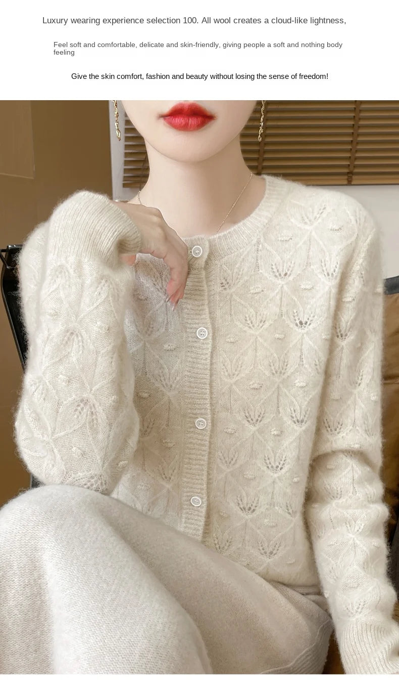 Round Neck Hollowed Out 100 Wool Knitted Cardigan