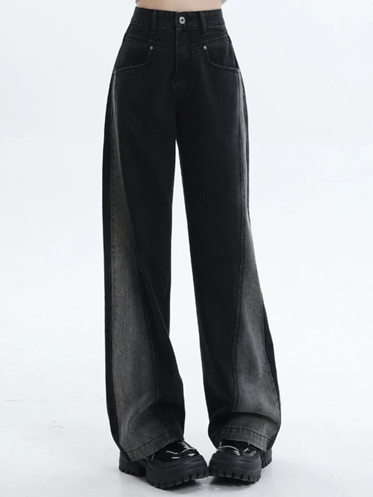 Woman High Waist Jeans Lady American High Street Patchwork