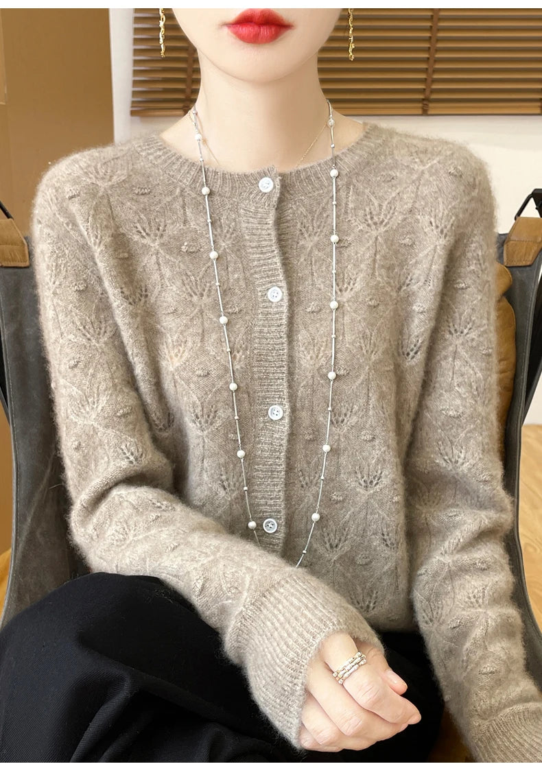 Round Neck Hollowed Out 100 Wool Knitted Cardigan