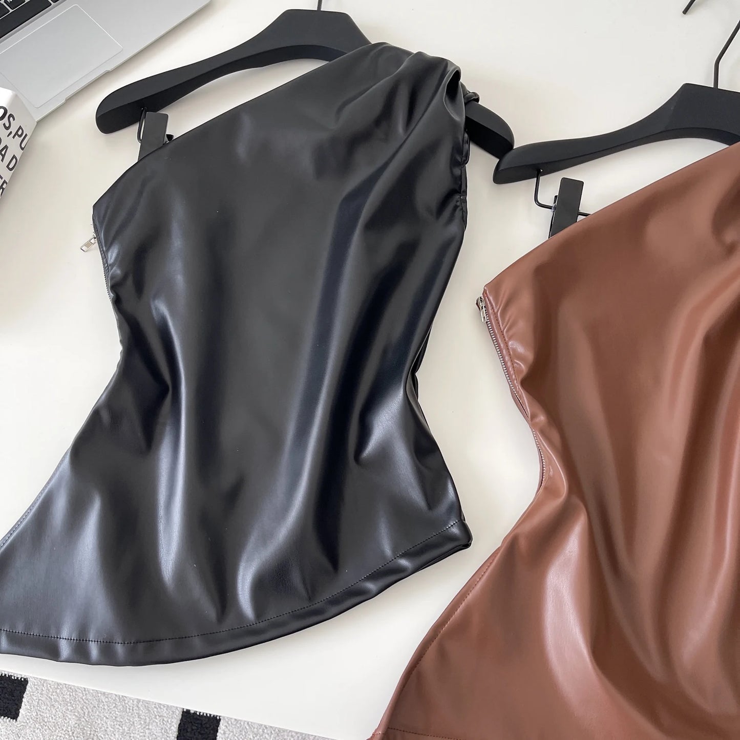 SINGREINY One Shoulder PU Leather Tank