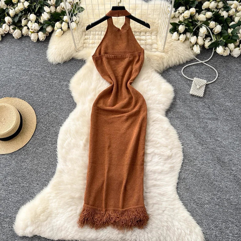 Sexy Halter Tassels Split Sleeveless Bodycon