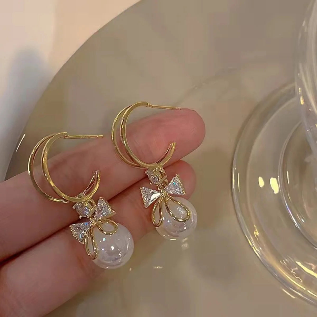 Korean Unique Design Zircon Bow Drop Earrings