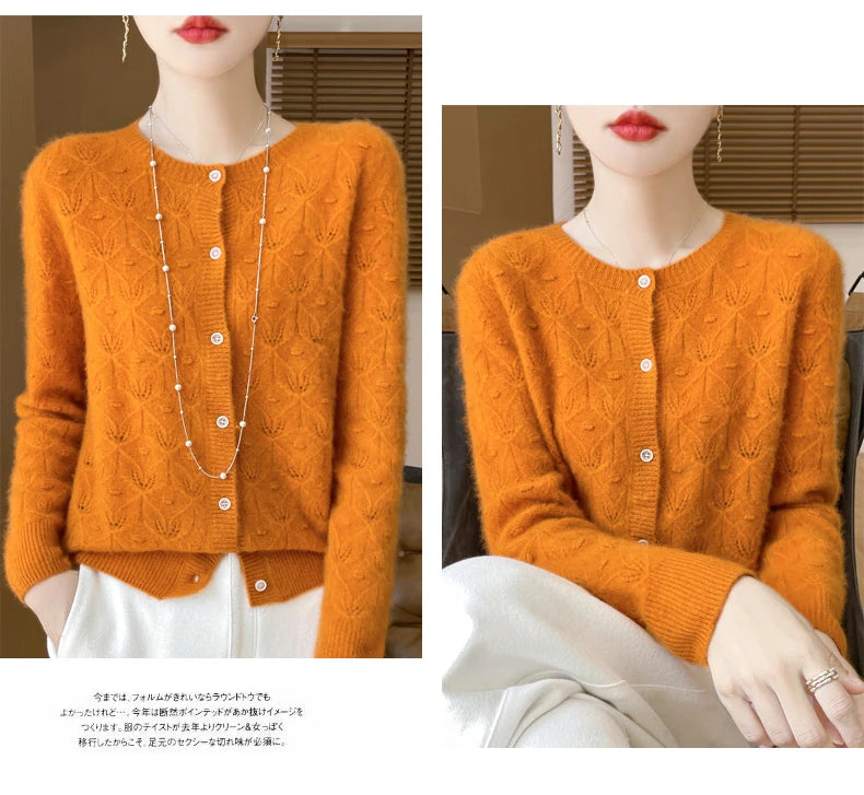 Round Neck Hollowed Out 100 Wool Knitted Cardigan