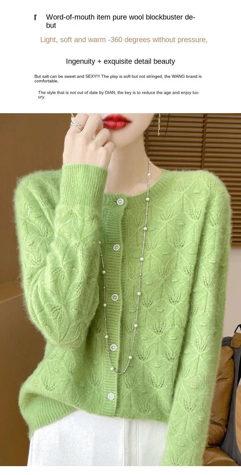 Round Neck Hollowed Out 100 Wool Knitted Cardigan