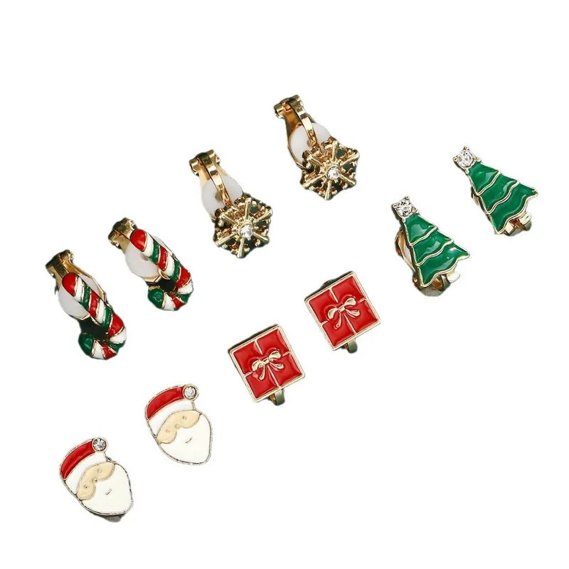 5 Pairs/Set Clip Earring for Women Small Cute Xmas Tree Snowflake Crutch Santa Claus