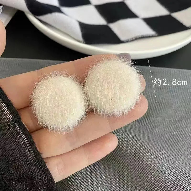 KADRUFI Women Korean Fashion Winter White Plush Stud Earrings