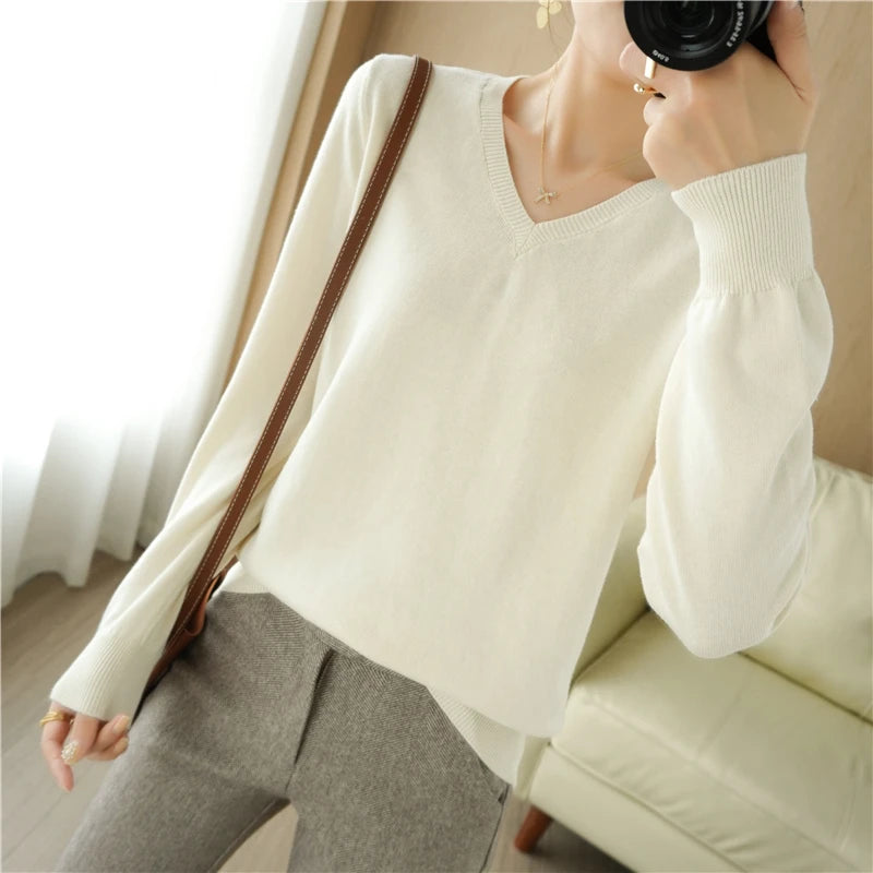 V-neck Knitted Sweater 100% Long Staple Cotton