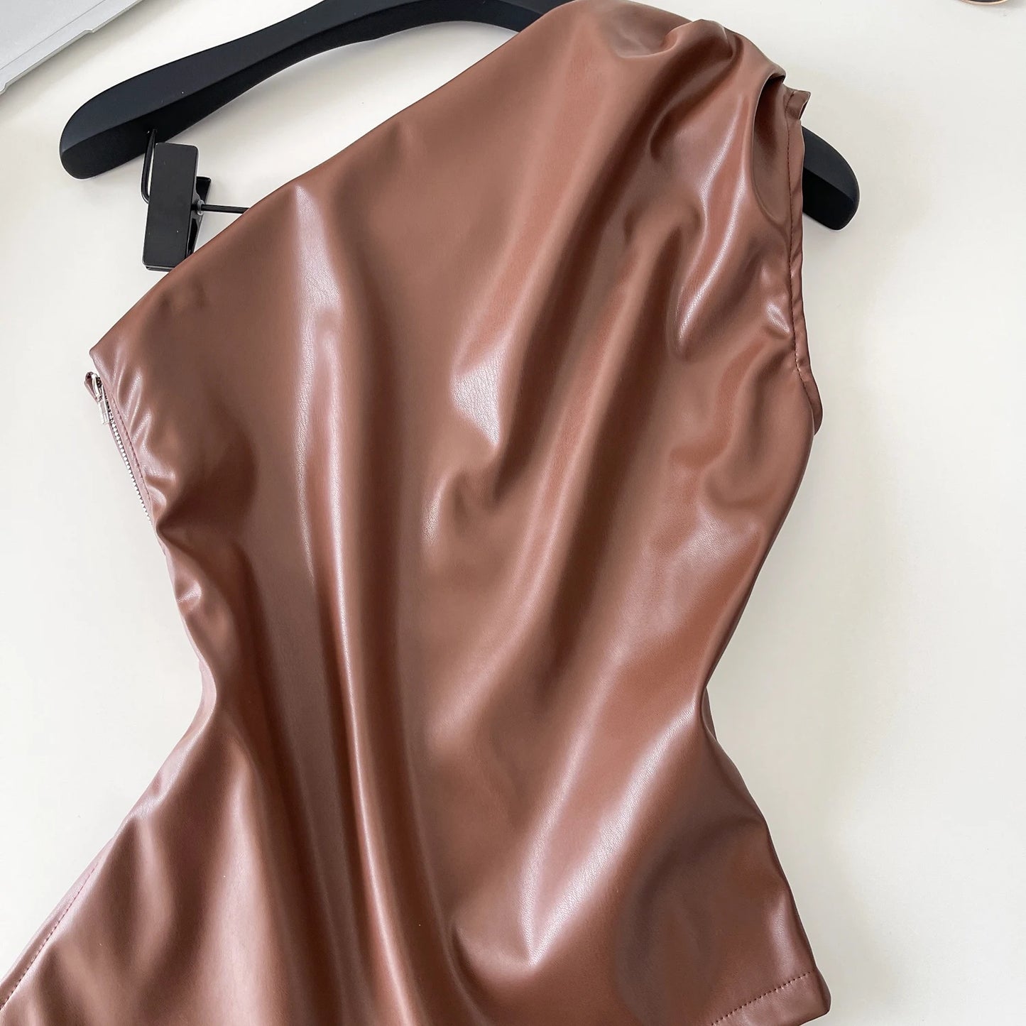 SINGREINY One Shoulder PU Leather Tank