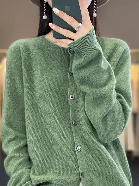 Cardigan Sweater O-Neck Button 100% Merino Wool