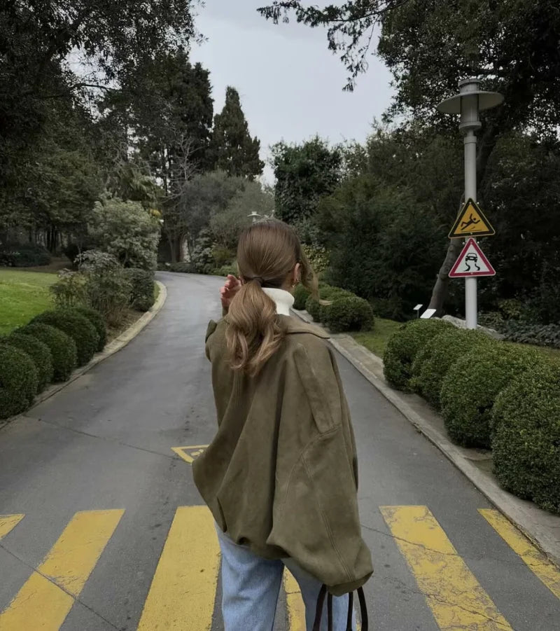women's suede texture effect Loose version of fashion lapel shoulder bomber jacket