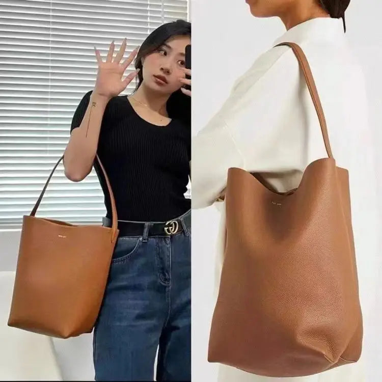 Soft Leather Bucket Bag Large Capacity Commuter Women's Single Shoulder Handbag Neutral Minimalist Style Open Pocket Design