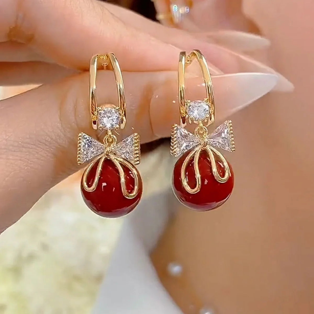 Korean Unique Design Zircon Bow Drop Earrings