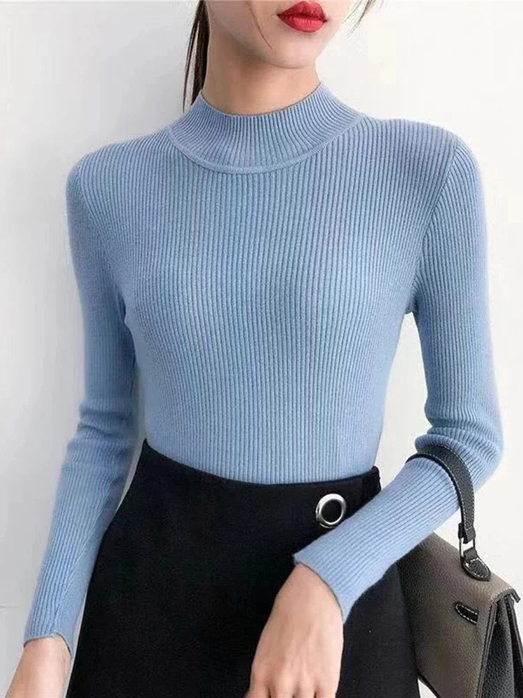 Autumn Winter Mock Neck Women Sweater Vintage Basic