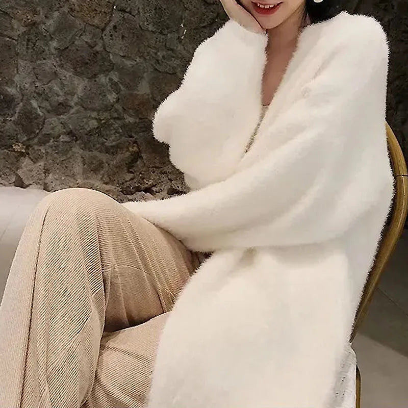 white Long Cardigan  Knitted fluffy long sleeve