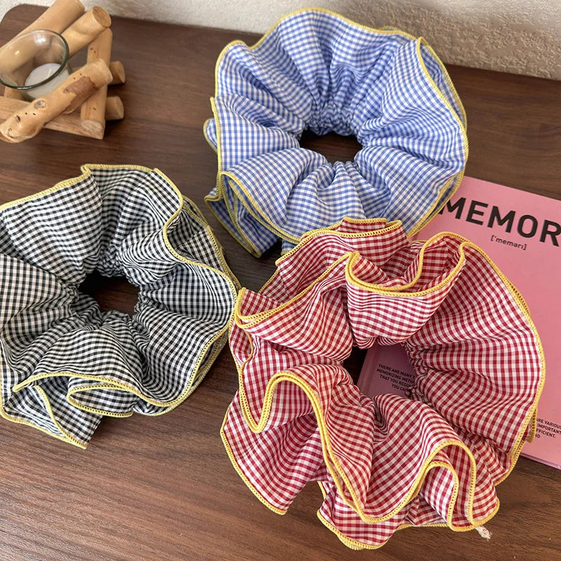 Retro Colorful Lattice Ruffles Hair Scrunchies Headbands