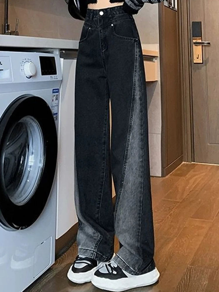 Woman High Waist Jeans Lady American High Street Patchwork
